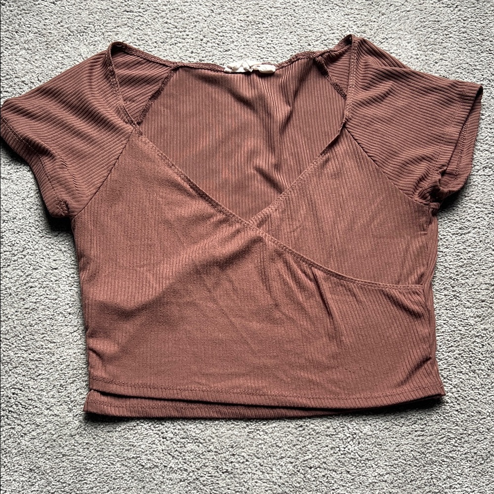 Pink Rose Brown Ribbed Crop Top